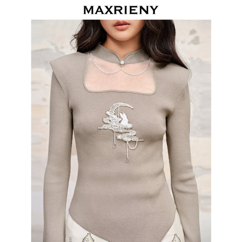 【奥莱】MAXRIENY仙美国风新中式套头针织修身垫肩上衣 - 图2