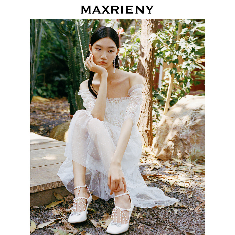 【奥莱】MAXRIENY蕾丝连衣裙夏季一字肩仙女裙洋气甜美白色中长裙