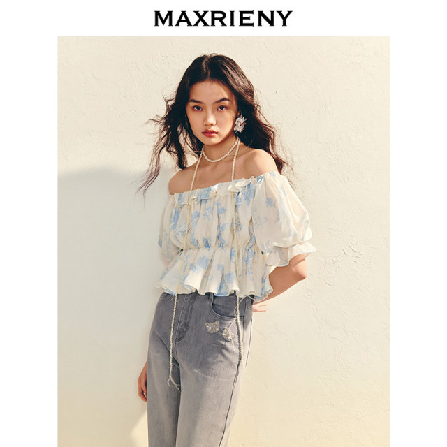 MAXRIENY ເສື້ອ chiffon ບ່າຫນຶ່ງທີ່ມີການອອກແບບເປັນ pleated
