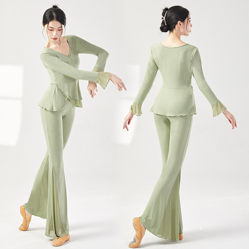 现代舞练功服女长袖形体舞蹈莫代尔网纱上衣鱼尾裤秋冬古典舞纱裙 - 图0