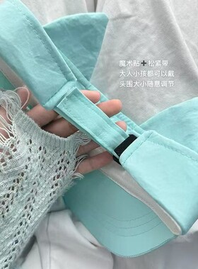 喵喵大眼仔卡通夏季防晒薄荷绿空顶帽子女百搭小猫耳朵速干遮阳帽