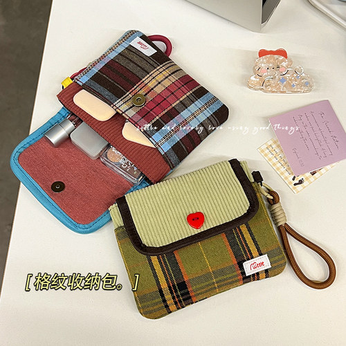 复古灯芯绒卡包零钱包女可爱迷你包便携式证件格纹包收纳包手拿包 - 图1