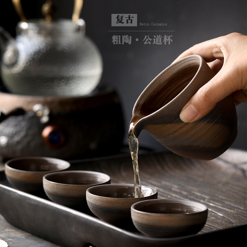 仿古公道杯中式陶瓷鎏金分茶器茶海家用功夫茶具匀杯复古粗陶公杯-图1