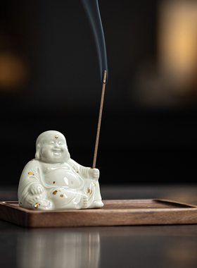 久造陶瓷欢喜弥勒佛摆件创意招财笑佛大肚佛家居装饰品禅意线香插