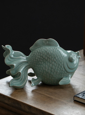 中式汝窑鱼摆件陶瓷年年有余装饰