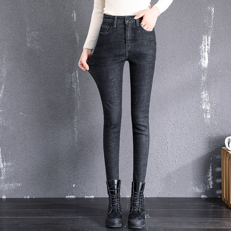 加绒小脚女2021年新款高腰牛仔裤 刘菇凉牛仔裤