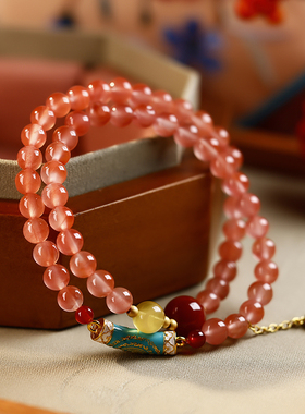 多层红玛瑙元宝手串女2024时尚新款高级百搭潮流通勤仙女双圈手链
