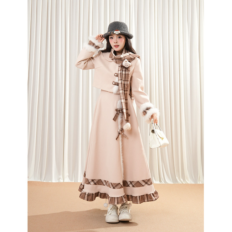 【焦糖小熊】秋冬氛围感甜美格子拼接毛呢围巾外套长裙三件套装女,淘宝优惠券,粉丝福利购,淘宝优惠卷