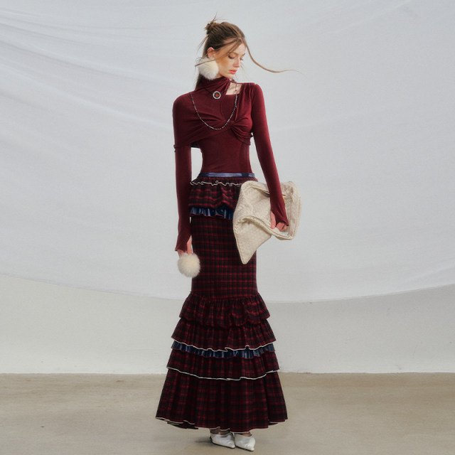 OfAkiva red velvet Christmas red plaid contrasting blue long and short two-wear fishtail cake skirt