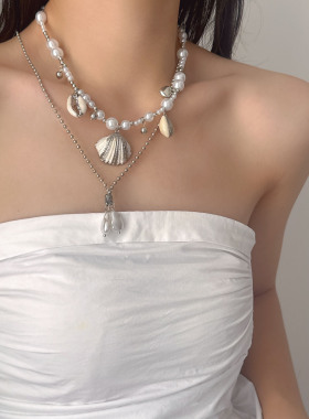 超仙叠戴沙滩贝海螺仿珍珠项链