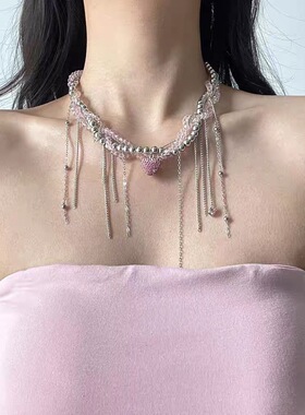粉色爱心水晶流苏缠绕十字架项链女轻奢小众设计感锁骨链时髦配饰