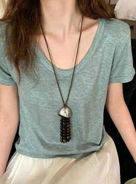 皮绳长款虎石串珠流苏吊坠项链女