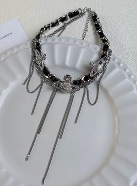 欧美风复古缠绕链条流苏金属皮革土星项链朋克y2k亚文化锁骨链