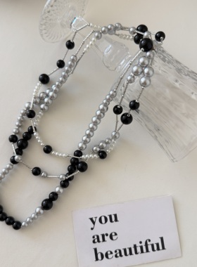 倪妮同款黑色串珠珍珠项链女