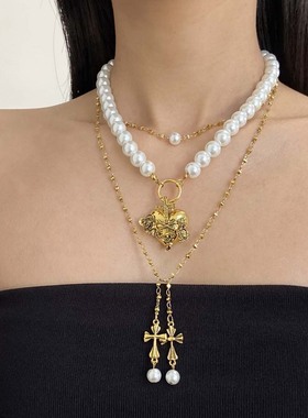 复古珍珠爱心双十字架吊坠项链女