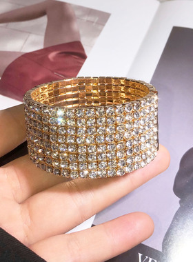 弹力宽版超闪多排满钻开口手镯女