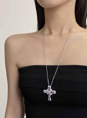 金属链条镶钻十字架项链毛衣链女
