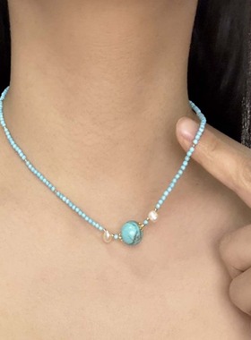 蓝色串珠项链女高级感甜酷锁骨链