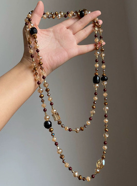 咖色水晶串珠叠戴长款毛衣项链