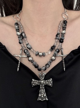 暗黑亚文化十字架铆钉夸张朋克项链女金属复古亚文化嘻哈锁骨链