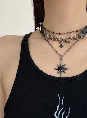 暗黑风多层叠戴皮质项圈芒星项链