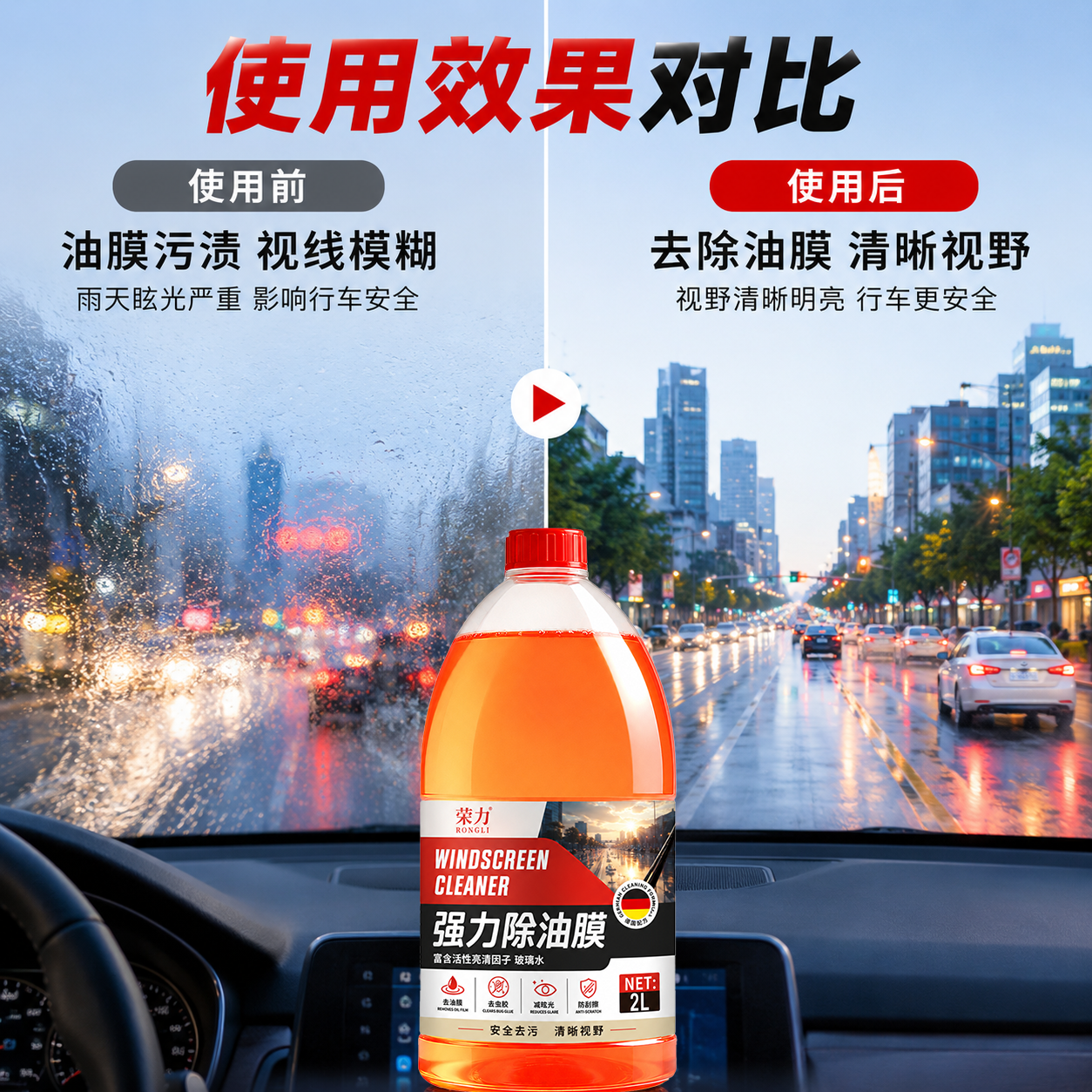 乙醇强力除油膜玻璃水2L前挡去污防刮擦减眩光清晰视野汽车清洁
