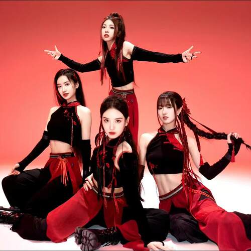 sing女团演出服中国潮风爵士舞蹈舞台表演古典套装黑红色打歌服 - 图3
