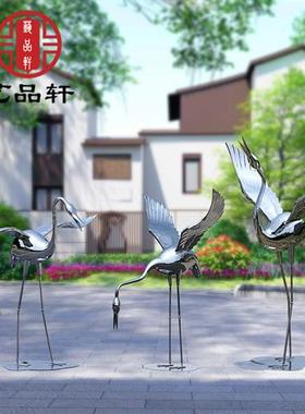 户外不锈钢镜面仙鹤雕塑售楼部园林公园景观艺术装饰落地水池摆件