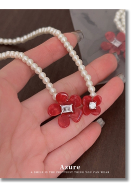 时尚红鸢尾高级感花朵珍珠项链女设计感锁骨高级轻奢小众甜酷辣妹