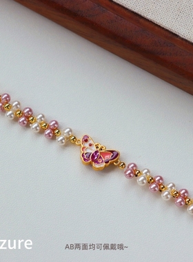 原创新中式复古轻奢施家珍珠手工编织蝴蝶项链时尚气质百搭锁骨链