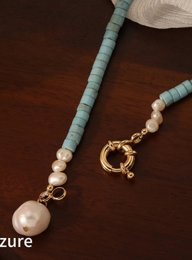 手工串珠浅蓝色绿松石项链不规则天然珍珠吊坠设计感小众度假风