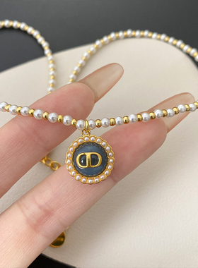 奥米迪奥CD蓝色纽扣珍珠项链新款
