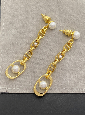 奥米迪奥长款字母珍珠耳钉耳线高级感欧美风耳饰时尚百搭新款女