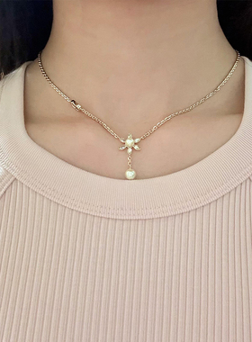 迪奥新款镶钻太阳花珍珠项链女CD