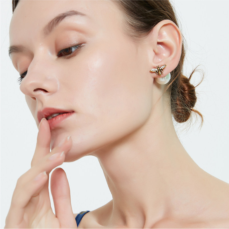 奥米迪奥复古银小蜜蜂珍珠前后耳钉 aomidior耳钉