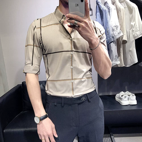 Рубашка, трендовая куртка, короткий рукав, облегающий крой, в корейском стиле