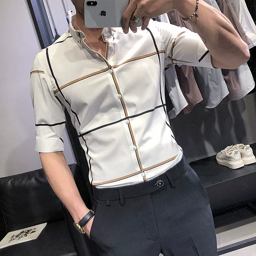 Рубашка, трендовая куртка, короткий рукав, облегающий крой, в корейском стиле