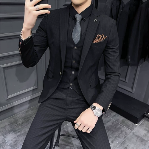 Мужской комплект, пиджак классического кроя для отдыха, свадебное платье, 3 предмета, в корейском стиле