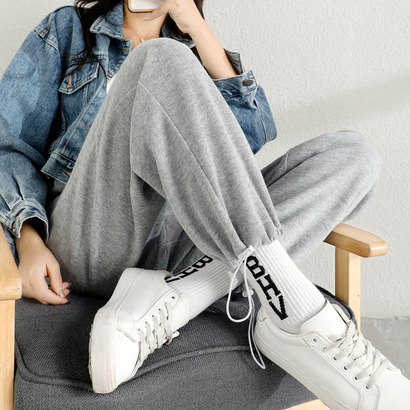 灰色宽松束脚秋冬外穿直筒休闲卫裤 班纳诗休闲裤