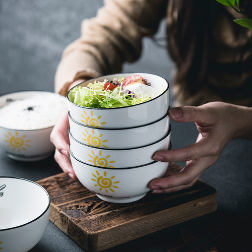 饭碗 家用 10个陶瓷碗简约欧式吃饭碗5寸6寸大号汤碗面碗餐具中式 - 图2