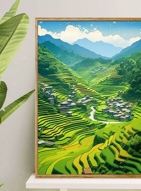 梯田自然风景挂画金色田园风光装饰画绿色农家乐饭店餐厅壁画