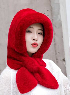 新款帽子女冬季防风防寒加厚保暖加绒包头护耳骑车帽网红毛绒围巾