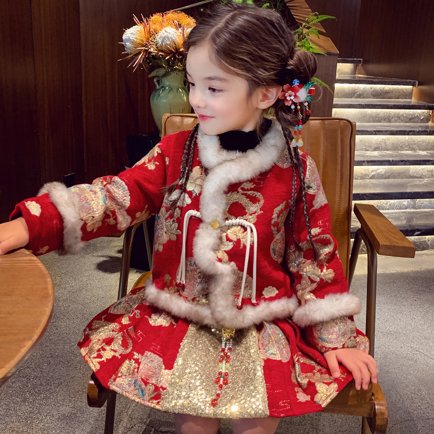 女童新年红色套装冬装2025新款新中式外套女孩国风拜年短裙两件套,淘宝优惠券,粉丝福利购,淘宝优惠卷