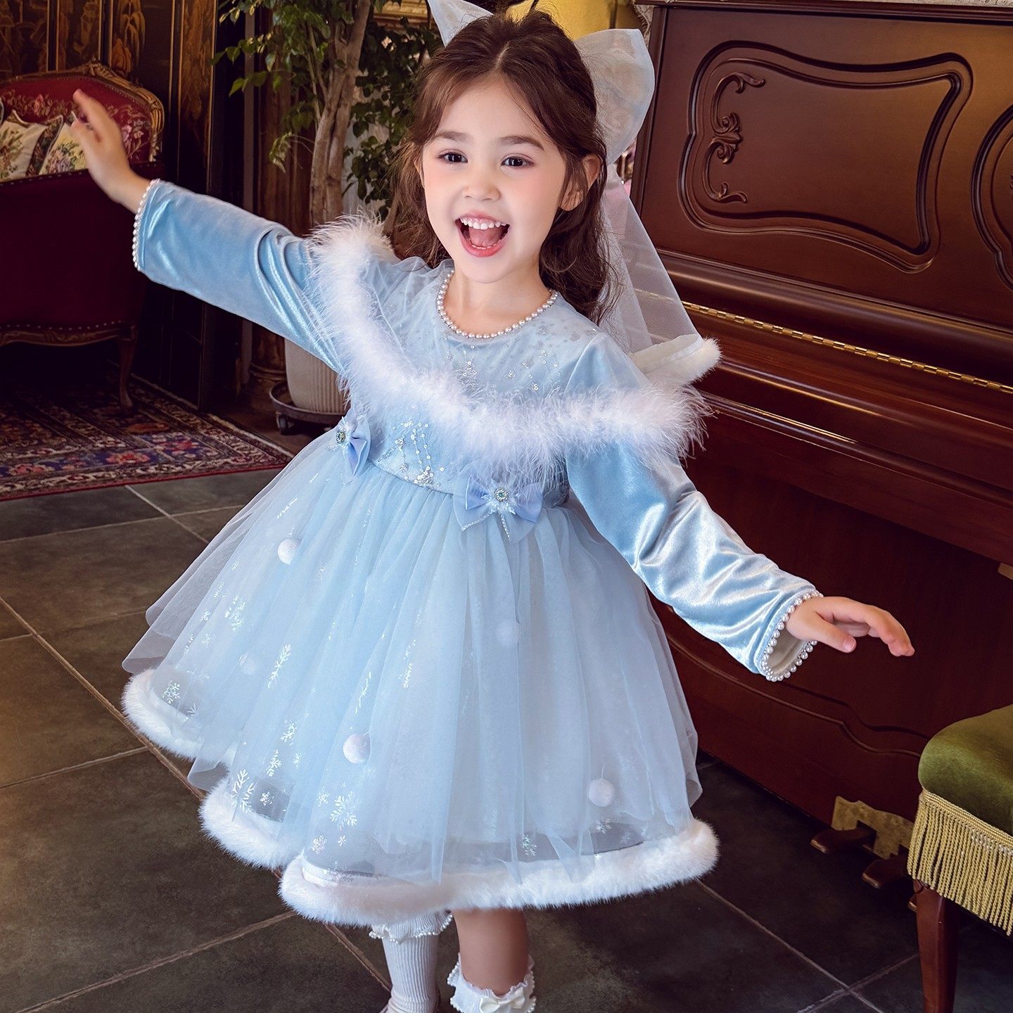 女童公主连衣裙冬装2025新款韩版加绒蓝色生日礼服裙小女孩蓬蓬裙,淘宝优惠券,粉丝福利购,淘宝优惠卷