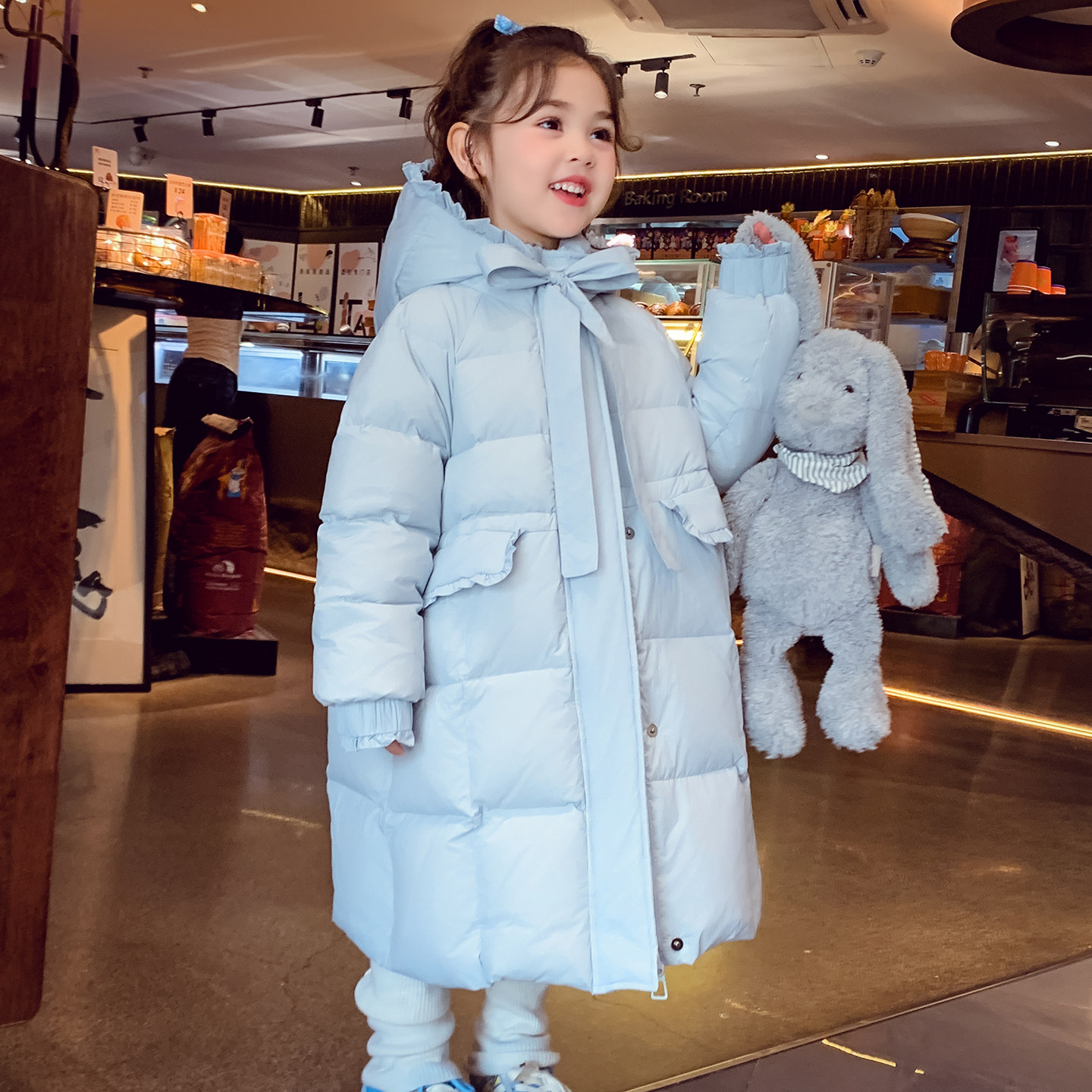 女童三防长款羽绒服冬2025新款儿童韩版90白鸭绒花边收腰连帽外套,淘宝优惠券,粉丝福利购,淘宝优惠卷