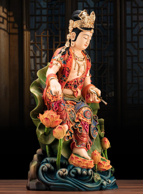 台湾铜彩绘九品莲花水月观世音菩萨自在观音佛像家用供奉摆件