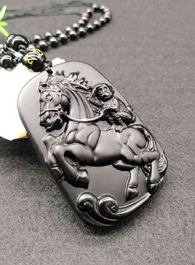 新品黑曜石马上封侯吊坠生肖猴挂件马到成功玉坠玉器项链直播