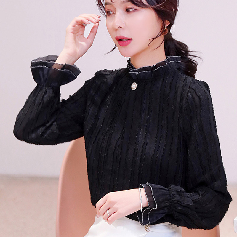 雪纺2020春秋立领气质木耳边蕾丝衫 喜提娜蕾丝衫/雪纺衫