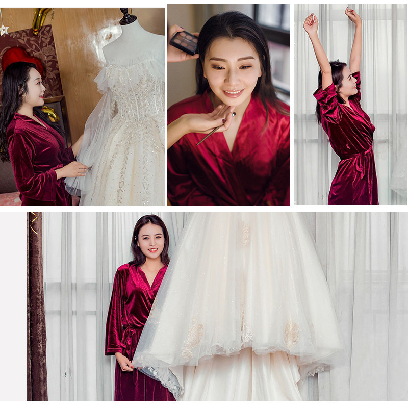 新娘金丝绒春秋冬结婚酒红色晨袍 叶妆睡袍/浴袍