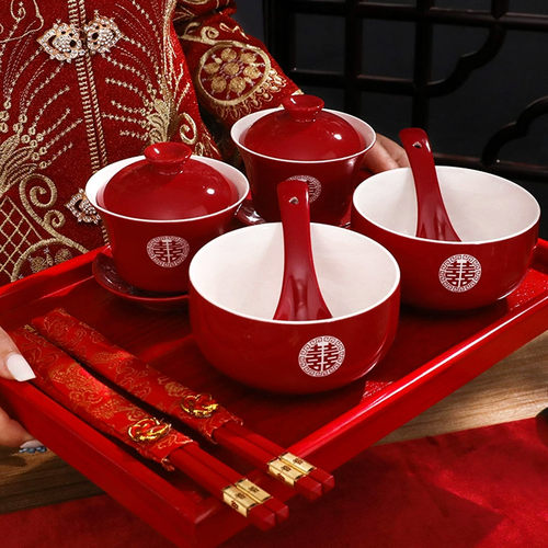 结婚敬茶杯跪垫套装婚礼改口茶杯一对陪嫁喜碗筷杯子婚庆用品大全 - 图0